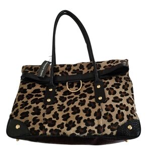 NWT Maurizio Taiuti Italy Black Leather Horse Hair Leopard Print Large Tote